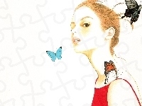 Kobieta, Rysunek, Rudowłosa, Młoda, Motyle
