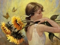 Słoneczniki, Kobieta, Motyle