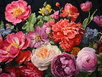 Kwiaty, Kolorowe, Bukiet, Grafika, Piwonie