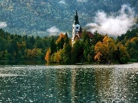 Bled, Kościół, Słowenia, Mgła, Jezioro, Las, Jesień