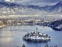 Kościół, Słowenia, Góry, Jezioro, Wyspa