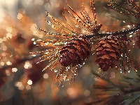Bokeh, Sosna, Szyszki, Krople, Grafika AI, Deszczu