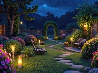 Świece, Noc, Ogród, Krzewy, Ścieżka, Ławki