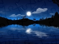 Księżyc, Odbicie, Noc, Jezioro, Gwiazdy