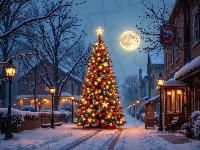 Noc, Boże Narodzenie, Zima, Drzewa, Domy, Choinka, Księżyc