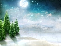 Księżyc, Choinki, Śnieg, Zima