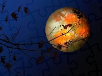 Księżyc, Gałęzie, Noc, Planeta, Drzewo
