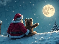Mikołaj, Zima, Święty, Księżyc, Miś, Pluszowy, Dach