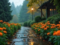 Dom, Park, Deszcz, Latarnia, Aksamitki, Pomarańczowe, Krzewy, Alejka, Drzewa, Kwiaty, Grafika AI
