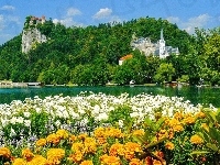 Kwiaty, Zamek, Słowenia, Kośclół, Jezioro, Bled