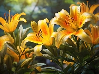 Lilie, Kwiaty, Żółto-pomarańczowe, Listki