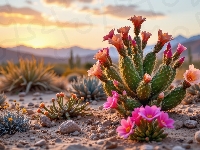 Kępki, Kamienie, Piasek, Kwitnące, Roślin, Kaktusy