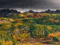 Jesień Góry, Drzewa, Lasy, Chmury, Wzgórza