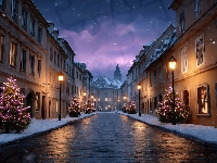 Oświetlone, Boże Narodzenie, Choinki, ZIma, Ulica, Domy, Latarnie