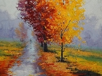 Liście, Mgła, Jesień, Drzewa, Droga