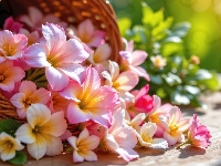 Różowe, Listki, Kwiaty, Koszyk, Wiklinowy