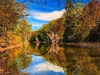 Saksonia, Most łukowy, Jesień, Park Rododendronów Kromlau, Niemcy, Gablenz, Jezioro Rakotz