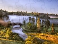 Mgła, Jesień, Rzeka, Most, Drzewa