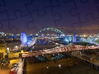 Tyne, Miasto nocą, Mosty, Rzeka, Wielka Brytania
