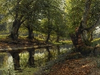 Peder Monsted, Rzeka, Sarny, Koryto, Malarstwo, Drzewa, Jelenie