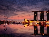 Morze, Singapur, Hotel, Noc, Światła