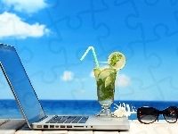Morze, Laptop. Drink, Okulary, Lato