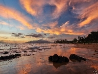 Morze, Zachód słońca, Hawaje, Plaża, Palmy