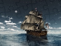 Morze, Księżyc, Żaglowiec, HMS Victory, Noc