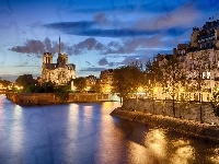 Dame, Most, Noc, Rzeka, Notre, Paryż, Domy