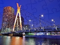 Most, Japonia, Zmrok, Tokio, Rzeka, Wieżowce