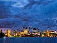 Sydney Opera House, Sydney, Miasto nocą, Australia, Zatoka Port Jackson, Most Sydney Harbour Bridge