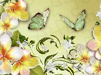 Motyle, Kwiaty, Plumeria, Art