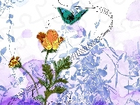 Motylek, Wzorki, Żółte, Kwiaty, Niebieskie