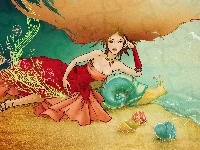 Muszle, Kobieta, Kwiaty, Morze