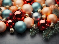 Święta, Kolorowe, Boże Narodzenie, Gałązki świerkowe, Bombki