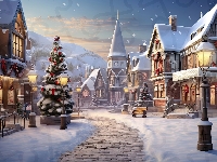 Zima, Ulica, Boże Narodzenie, Choinki, Domy