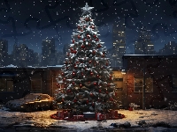 Noc, Śnieg, Domy, Choinka, Bombki, Samochód, Boże Narodzenie, Prezenty