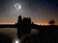 Noc, Odbicie, Jezioro, Drzewa, Księżyc