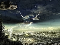 Noc, Księżyca, Morze, Fale, Zaćmienie