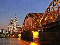 Ren, Nocą, Fragment, Most, Katedra, Rzeka, Hohenzollern, Kolonii