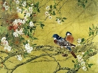 Ptaszki, Obraz, Kwiaty