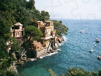 Domy, Łódki, Włochy, Drzewa, Wybrzeże, Skały, Portofino