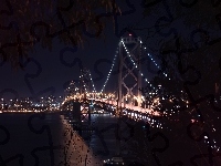 Rzeka, Oświetlony, Noc, San Francisco, Most Bay, Drzewa