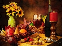Owoce, Wino, Żółte, Kwiaty, Świeca