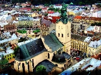 Kościoły, Panorama, Ukraina, Lwów, Domy, Ulice, Miasta
