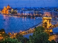Rzeka, Panorama, Zmrok, Budapeszt, Most, Statki, Miasta