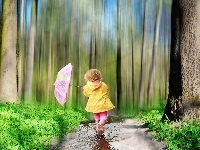 Parasol, Dziecko, Drzewa, Trawa