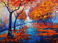 Park, Ławki, Obraz, Jesień, Drzewa