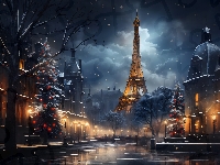 Niebo, Drzewa, Choinki, Miasto, Wieża Eiffla, Światła, Zima, Paryż, Francja, , Boże Narodzenie, Latarnie, Domy