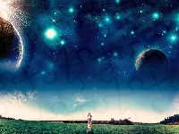 Planety, Dziewczyna, Niebo, Gwiazdy, Spacerująca